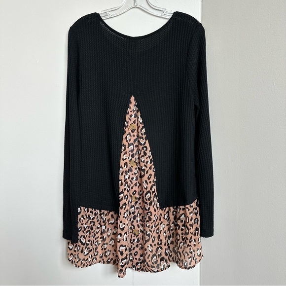 Umgee Tunic Waffle Knit Layered Look Black Brown Cheetah Leopard Long Sleeve - Picture 4 of 7